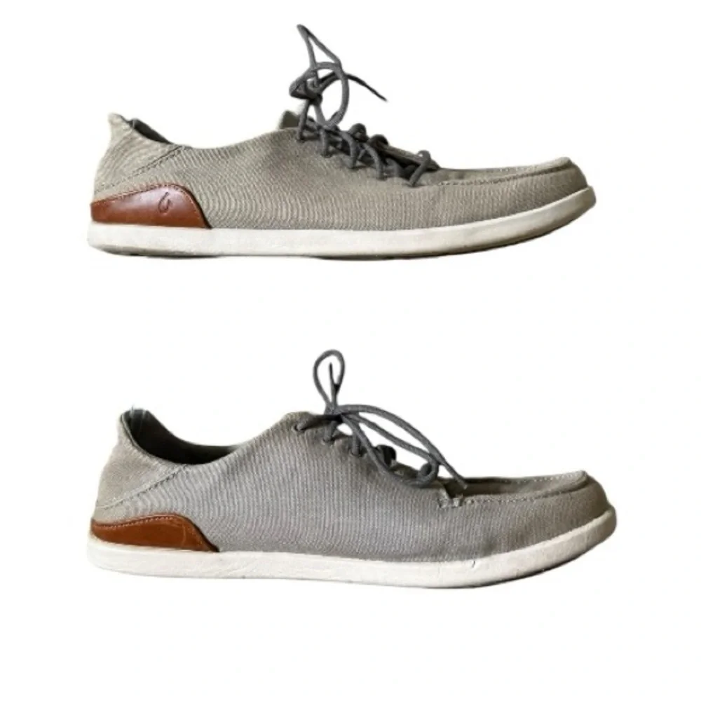 Olukai Honua Mens Shoes Size 12 Beige Casual Flat Comfort Lace Up Boat Shoes